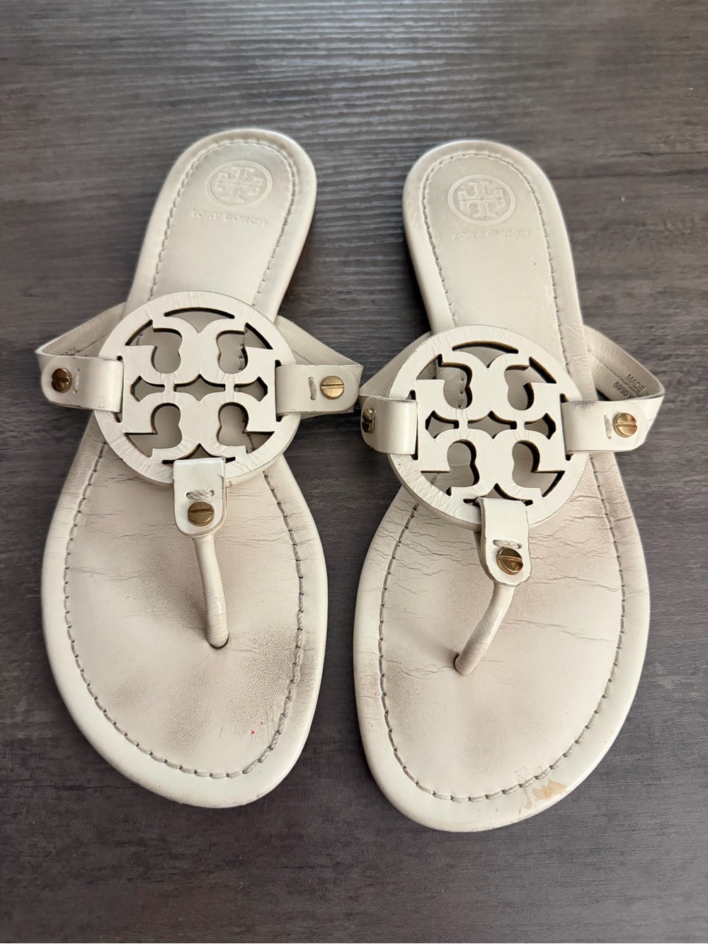 Tory Burch Cream Logo Thong Sandals with Gold Hardware